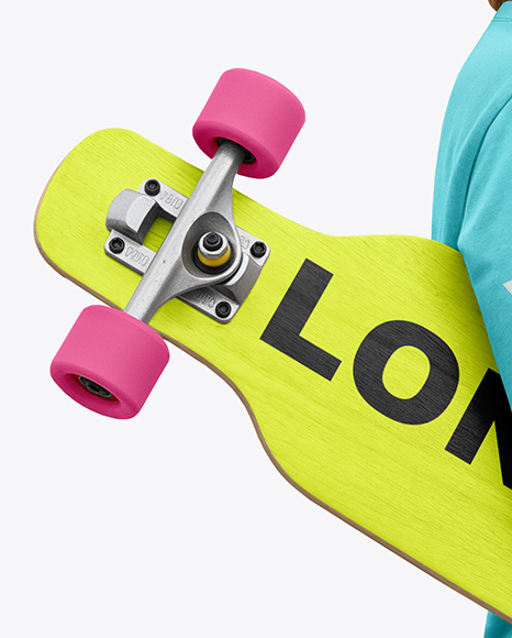 Young Woman Wearing Long Sleeve and Beanie with Longboard Mockup