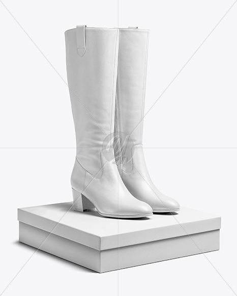 Pair of Women's High-Knee Boots on Shoe Box Mockup
