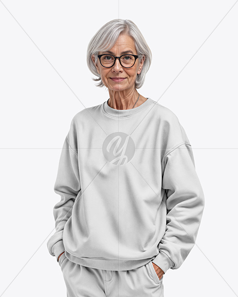 Elderly Woman in Glasses Wearing Sweatshirt & Sweatpants Mockup
