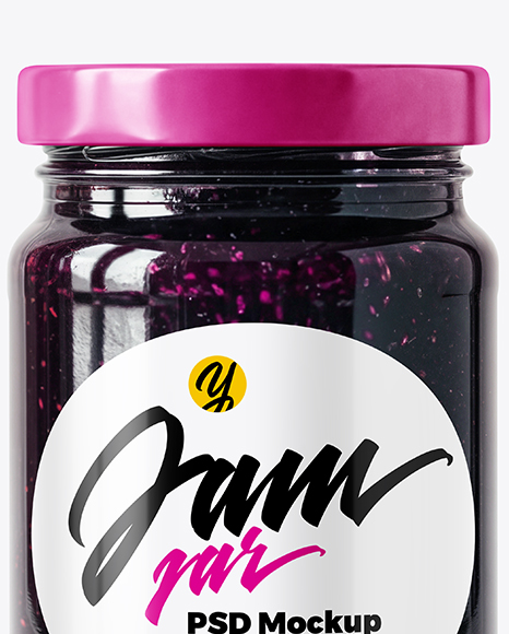Clear Glass Jar with Blueberry Jam Mockup