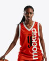 Female Basketball Player Wearing a V-Neck Jersey and Shorts Mockup