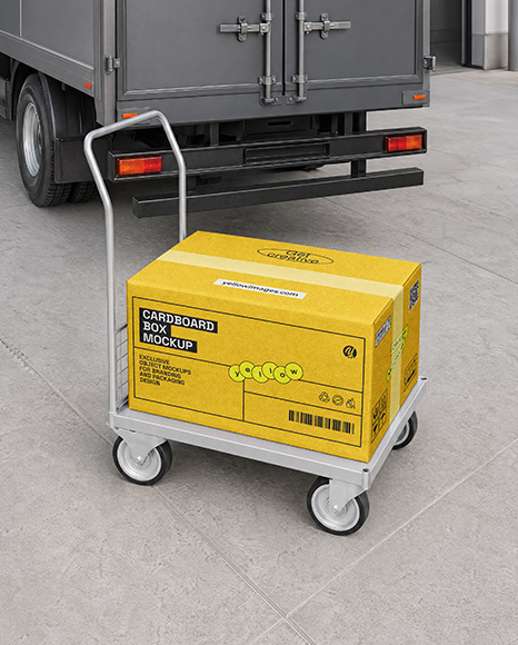 Delivery Box on The Hand Truck Mockup
