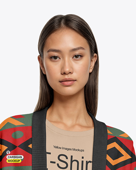 Young Asian Woman Wearing Cardigan and T-Shirt Mockup