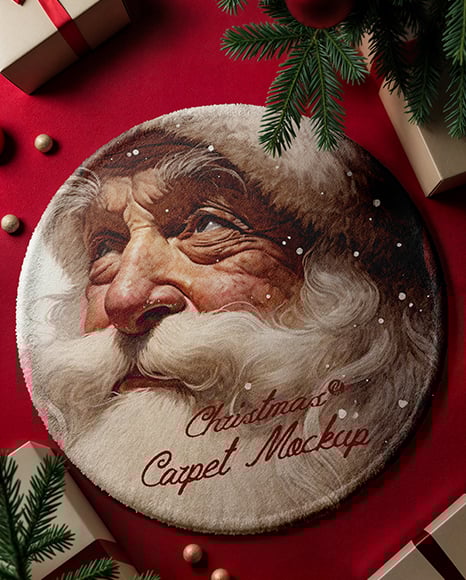 Christmas Round Carpet on The Red Floor Mockup - Luxury+Gift+or+Cake+Box+|+Creative+Product+Mockups+...