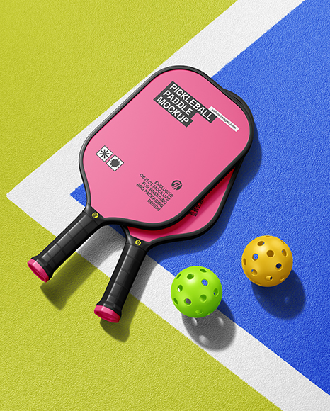 Two Pickleball Paddles with Balls on a Court Mockup - Pickleball paddle mockup