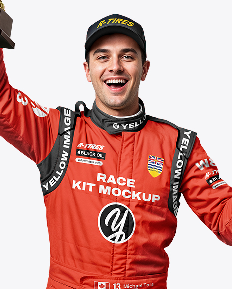 Man Wearing Racing Kit With Cup Mockup