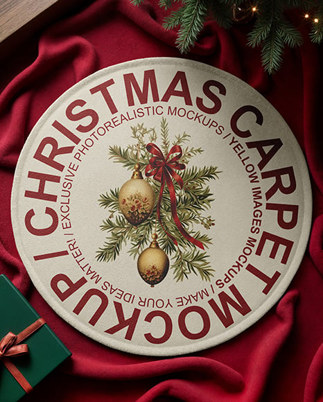 Christmas Round Rug Next to Christmas Tree Mockup - Fabric+In+The+Box+Mockup+Box+Mockup+Branding+Mockups+Mockup