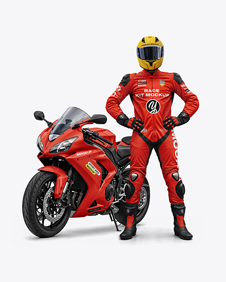 Man Wearing Moto Racing Kit with Sport Bike Mockup