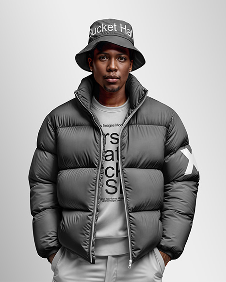 Black Man Wearing Puffer Jacket and Bucket Hat Mockup