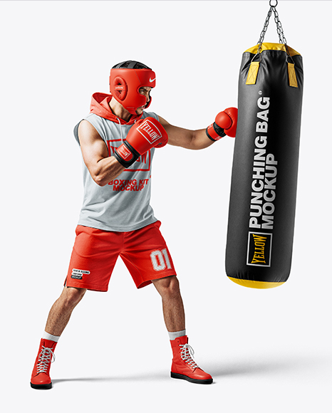 Man Wearing Boxing Sleeveless Hoodie and Shorts with Punching Bag Mockup - Kit mockup psd