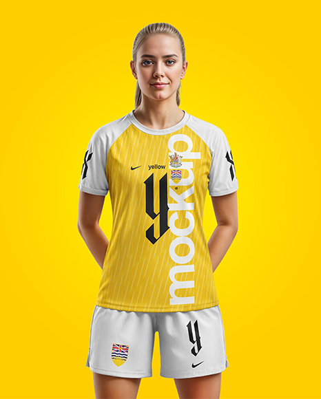 Woman Wearing Raglan Soccer Jersey and Shorts Mockup