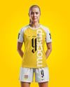 Woman Wearing Raglan Soccer Jersey and Shorts Mockup