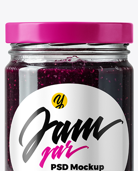 Clear Glass Jar with Blueberry Jam Mockup