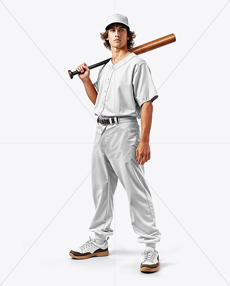 Young Man Wearing a Full Baseball Kit with Bat Mockup