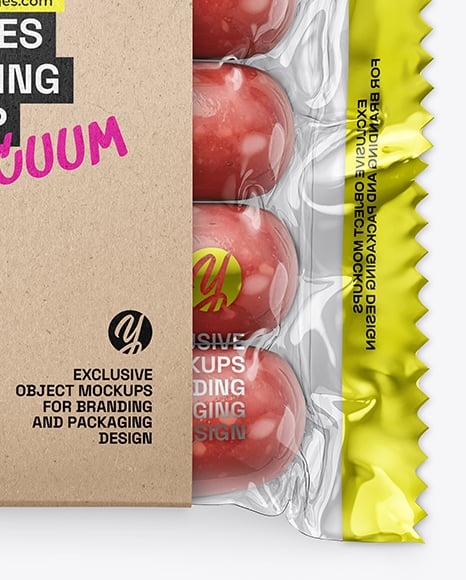 Clear Plastic Flow-Pack with Sausages in Kraft Paper Holder Mockup
