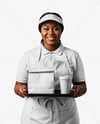 Female Fast Food Worker in Uniform with Paper Bag & Coffee Cup Mockup
