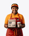Female Fast Food Worker in Uniform with Paper Bag & Coffee Cup Mockup