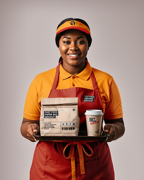 Female Fast Food Worker in Uniform with Paper Bag & Coffee Cup Mockup