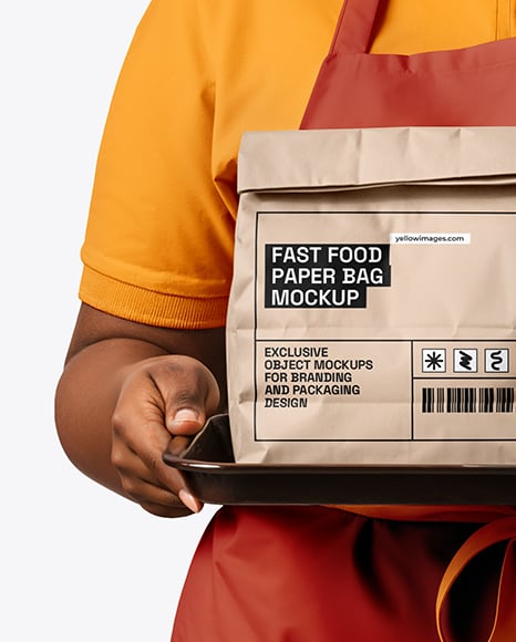 Female Fast Food Worker in Uniform with Paper Bag & Coffee Cup Mockup