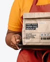 Female Fast Food Worker in Uniform with Paper Bag & Coffee Cup Mockup