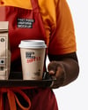 Female Fast Food Worker in Uniform with Paper Bag & Coffee Cup Mockup