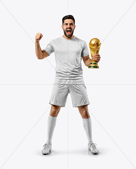Man Wearing Soccer Jersey and Shorts Holds Cup Mockup
