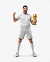 Man Wearing Soccer Jersey and Shorts Holds Cup Mockup