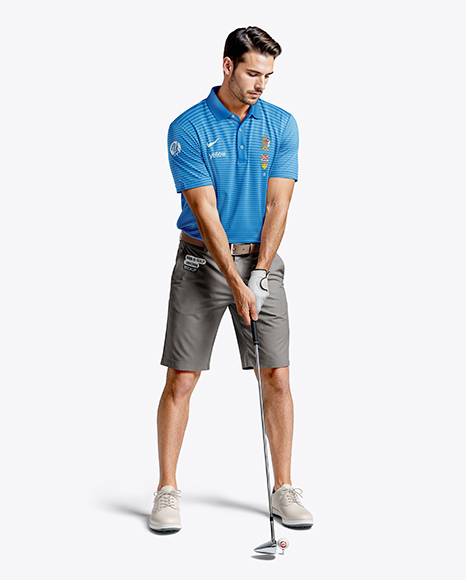 Man Wearing Golf Shirt and Shorts with Ball Mockup - Kit mockup psd