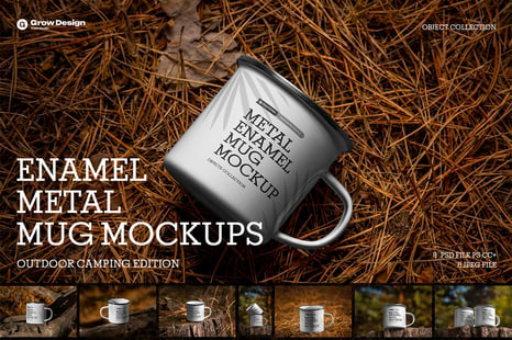 8 Enamel Metal Mug Mockups – Outdoor Camping Edition, 5K High-Res PSD - Composing bundle smart objects