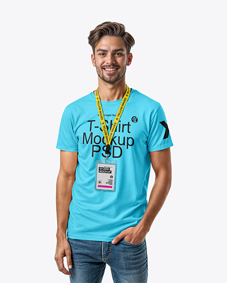 Smiling Man Wearing T-Shirt with Badge Mockup - Jeans mockup