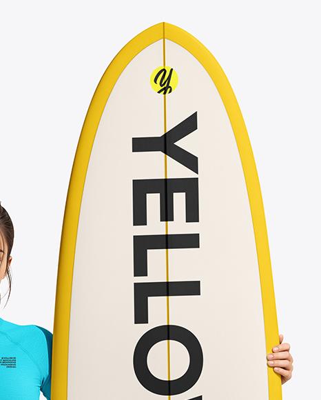 Woman Wearing Long Sleeve Rashguard and Bikini Bottom Holding Surfboard Mockup