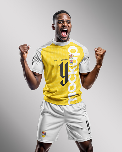 Black Man Wearing Raglan Soccer Jersey and Shorts Mockup