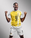 Black Man Wearing Raglan Soccer Jersey and Shorts Mockup