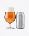 Glass Goblet with Beer and Drink Can Mockup