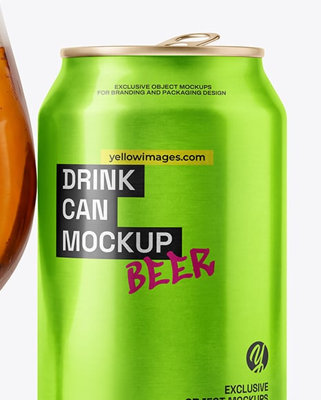Glass Goblet with Beer and Drink Can Mockup