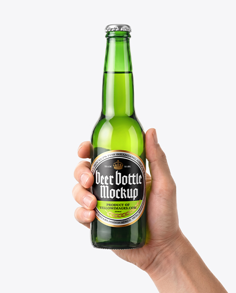 Green Glass Beer Bottle in a Hand Mockup