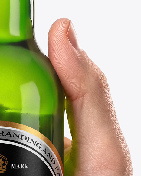 Green Glass Beer Bottle in a Hand Mockup