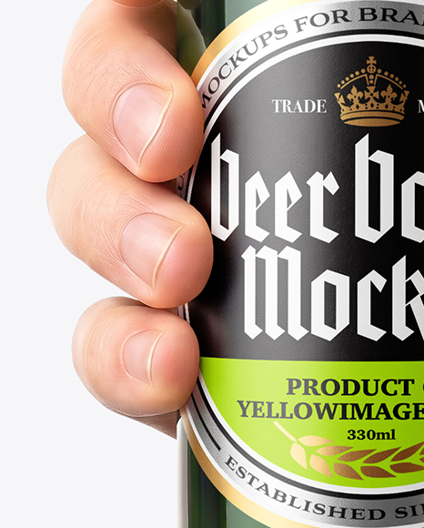 Green Glass Beer Bottle in a Hand Mockup