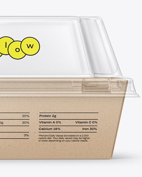 Kraft Paper Food Box with Clear Plastic Lid in Sleeve Mockup
