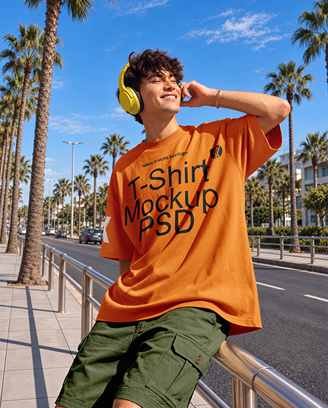 Young Man Wearing Oversized T-Shirt Mockup