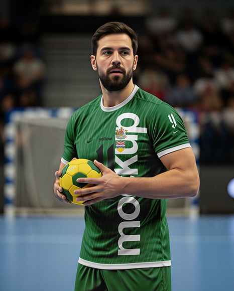 Man Wearing Handball Kit with Ball Mockup