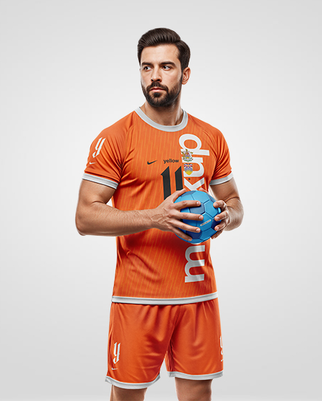 Man Wearing Handball Kit with Ball Mockup