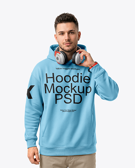 Man Wearing Hoodie with Headphones Mockup