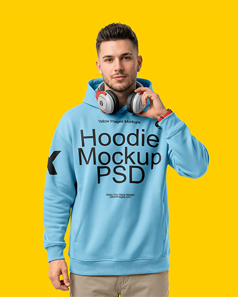 Man Wearing Hoodie with Headphones Mockup