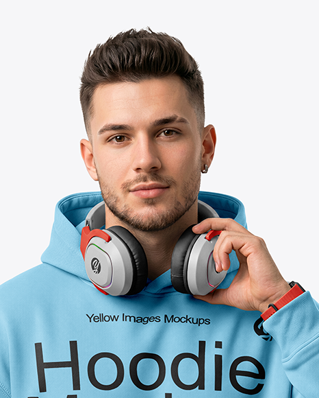 Man Wearing Hoodie with Headphones Mockup