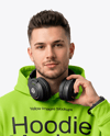 Man Wearing Hoodie with Headphones Mockup