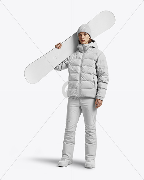 Man Wearing Puffer Jacket and Snow Pants with Snowboard Mockup