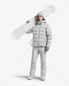 Man Wearing Puffer Jacket and Snow Pants with Snowboard Mockup