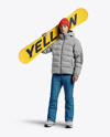 Man Wearing Puffer Jacket and Snow Pants with Snowboard Mockup