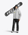 Man Wearing Puffer Jacket and Snow Pants with Snowboard Mockup